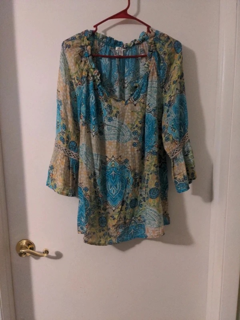 Boho Floral Peasant Blouse in Teal and Cream